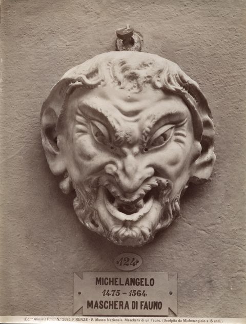 Alinari, Fratelli — Firenze. R. Museo Nazionale. Maschera di un Fauno. (Scolpita da Michelangiolo a 15 anni) — insieme